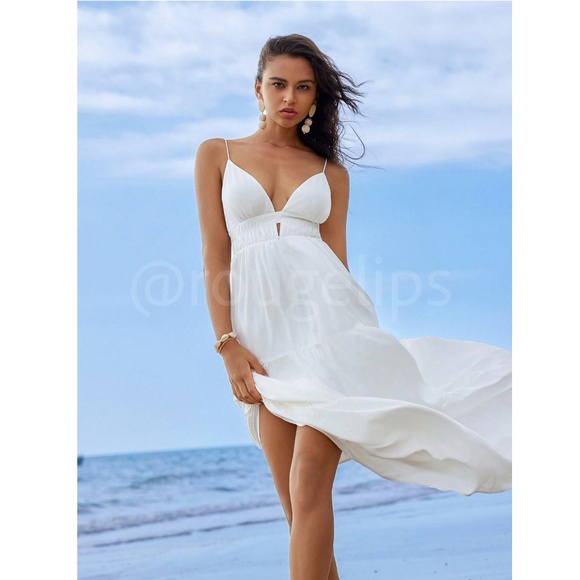 White Maxi Dress V-Neck Open Back Lined Tie Straps - Picture 5 of 9